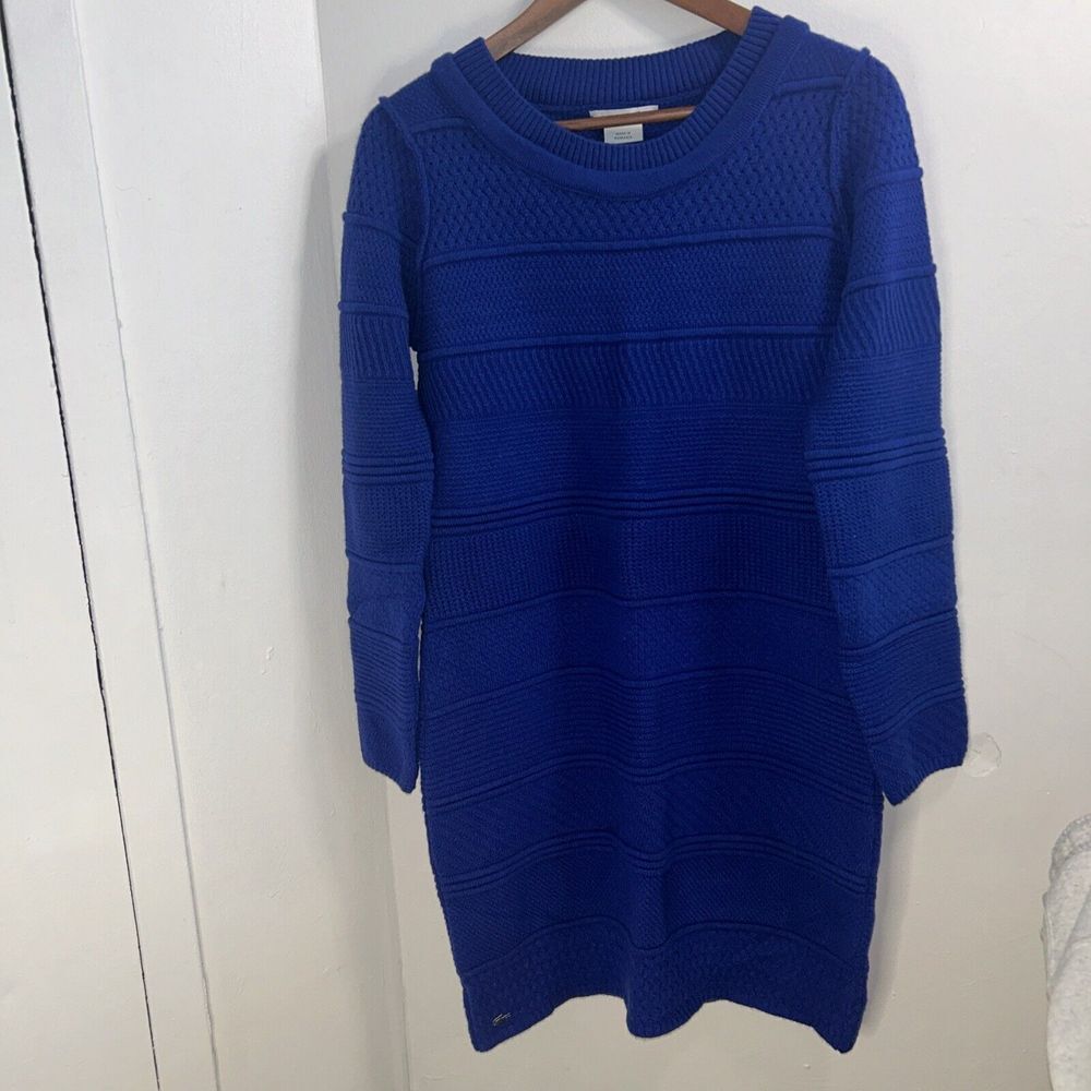 Lacoste Womens Cable-Knit Long Sleeve Crewneck Sweater Dress Blue Size 38